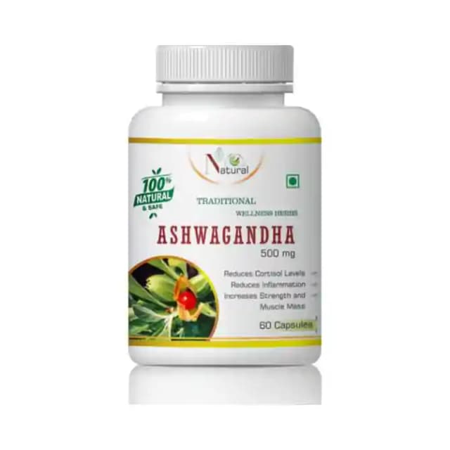 Natural Ashwagandha 500mg (1 Bottle of 60 capsules)