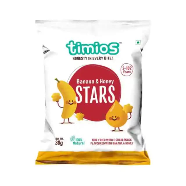 Timios 2+ Years Banana And Honey Stars (1 Packet Of 30 gm Snacks)