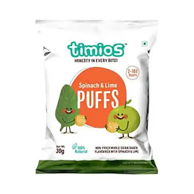 Timios 2+ Years Spinach And Lime Puffs (1 Packet Of 30 gm Snacks)